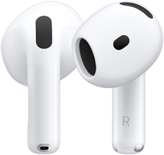 Die Rückseite des linken AirPod, die Vorderseite des rechten AirPod, auf dem Ende des AirPod kennzeichnet der Buchstabe R, dass er in das rechte Ohr gehört