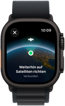 Apple Watch Ultra 3, Farbe Schwarz, Titangehäuse, „Weiterhin auf Satelliten richten“ über Erdkugel mit einem Standort auf dem Display, Armband, Alpine Loop