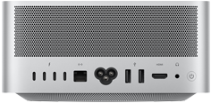 Mac Studio, Rückseite, Aluminium-Lüftungslöcher, vier Thunderbolt 5 Anschlüsse, ein Ethernet Anschluss, ein Netzanschluss, zwei USB‑A Anschlüsse, ein HDMI Anschluss, ein Kopfhöreranschluss und Ein‑/Ausschalter