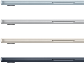 Seitenansicht von vier MacBook Air Laptops in vier verschiedenen Farben