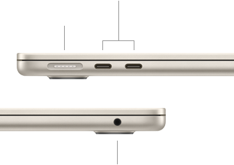 MacBook Air, zugeklappt, linke Seite mit MagSafe und zwei Thunderbolt Anschlüssen, rechte Seite mit Kopfhöreranschluss