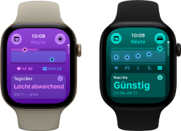 Zwei Apple Watch Series 12 Geräte: Aluminiumgehäuse, Farbe Lichtgold, Tageswerte für Vitalzeichen leicht abweichend, Digital Crown, Sportarmband Sand, Aluminiumgehäuse, Farbe Schwarz, im Schlaf erfasste Vitalwerte günstig, Digital Crown, Sportarmband Schwarz