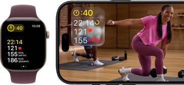 Apple Watch neben einem iPhone mit Apple Fitness+ Kurs auf dem Display