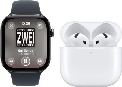 Apple Watch Series 12, Aluminiumgehäuse, Farbe Schwarz, Sportarmband in Schwarz, Apple Music App geöffnet, gekoppelt mit AirPods 4
