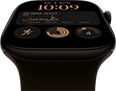Apple Watch Series 12, Aluminiumgehäuse, Farbe Dunkelbronze, Modular Zifferblatt, Komplikationen: Tag und Datum, Trainings, Aktivitätsringe, Apple Music, rechte Seitenansicht, Digital Crown, Sportarmband, Farbe Oliv