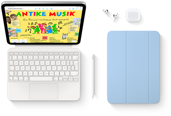 iPad, Magic Keyboard Folio, Apple Pencil, AirPods und Smart Folio sind abgebildet.