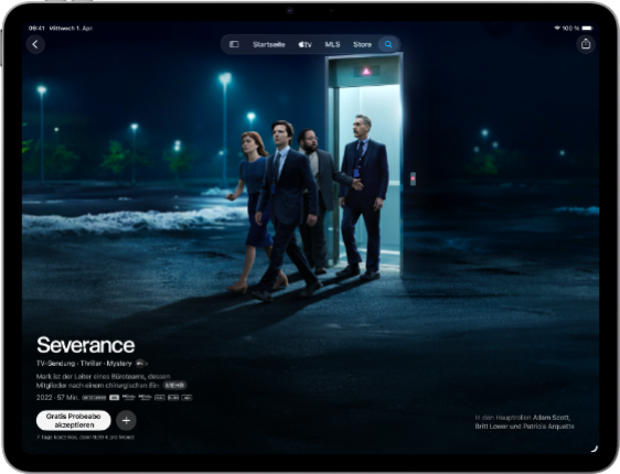 iPad Air, Vorderansicht, das Display zeigt Severance in der Apple TV App