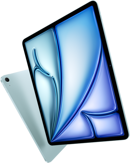 Schräge Vorderansicht des 13" iPad Air, farbenfrohes Display, Rückansicht des 11" iPad Air mit 12 MP Weitwinkel-Rückkamera