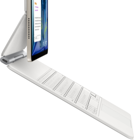 iPad Air, Farbe Polarstern, befestigt am Magic Keyboard, Weiß, Seitenansicht