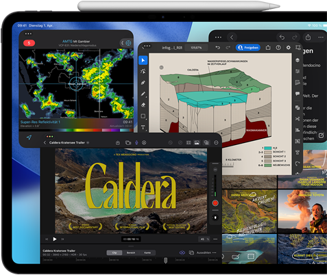 iPad Pro, Vorderansicht, Querformat, Farbe Space Schwarz, ein Apple Pencil haftet oben am Gerät, das Display zeigt mehrere App Fenster nebeneinander, darunter Final Cut Pro mit Videobearbeitungsfeatures und Timeline, Karten, Notizen und verschiedene Medienclips
