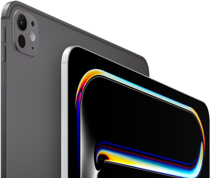 iPad Pro, Rückseite, Farbe Space Schwarz, Lautstärketasten und Pro Kamera-System, iPad Pro, Vorderseite, Farbe Silber, gerundete Ecken, schwarzer Displayrand, Display mit schwarzem Hintergrund und mehrfarbigen abstrakten Linienzeichnungen