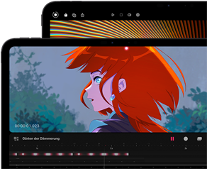 Ein 13" und ein 11" iPad Pro, Vorderansicht, Querformat, Farbe Space Schwarz, gerundete Ecken, schwarzer Displayrand, das 11" Display zeigt das brillante Bild einer Person mit roten Haaren, das 13" Display zeigt bunte Elemente der Bildbearbeitungsoberfläche