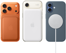 iPhone 17 Pro, Rückseite, Farbe Cosmic Orange, mit Silikon Case in der Farbe Siena und Feingewebe Wallet mit MagSafe in der Farbe Fuchsrot; iPhone Air, Rückseite, Farbe Wolkenweiß, mit MagSafe Batterie; iPhone 17, Rückseite, Farbe Nebelblau, mit Silikon Case in Farbe Maritimblau und MagSafe Ladegerät