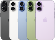 iPhone 17, Rückansicht, Dual Fusion Kamera-System, alle fünf Farben überlappend: Schwarz, Weiß, Salbei, Nebelblau und Lavendel