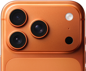 iPhone 17 Pro, Cosmic Orange, Teilansicht der Rückseite, Pro Kamera-System oben links, 3 Objektive, Mikrofon, Blitz