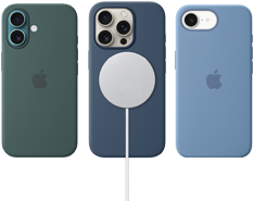  Verschiedenes iPhone MagSafe Zubehör. iPhone 16 Silikon Case mit MagSafe, Seegrün, iPhone 16 Pro Silikon Case mit MagSafe, Denim, mit MagSafe Ladegerät verbunden, Weiß, iPhone 16e Silikon Case, Winterblau